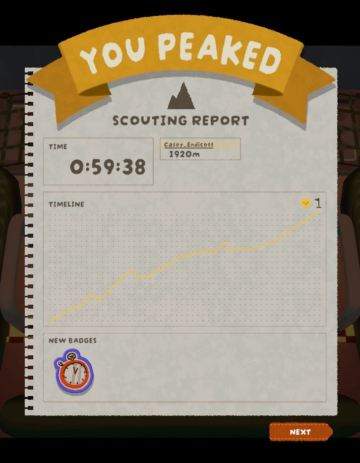 Completion Report after winning a round of the videogame Peak, notably including a new badge achievement that looks like a stopwatch, denoting reaching the Peak in under an hour. Timer says it was completed in "59:38"