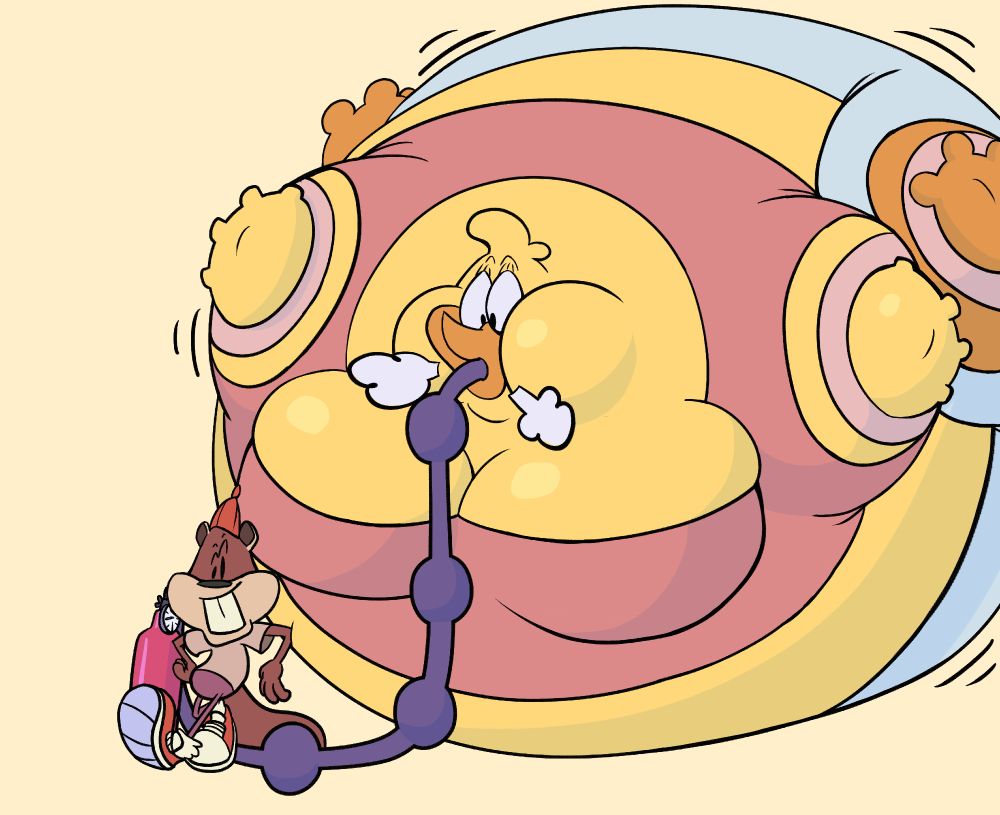 Lena is inflated huge and round while Eddy leans against her with a smirk. There is a helium tank besides Eddy that is inflating Lena through a hose.