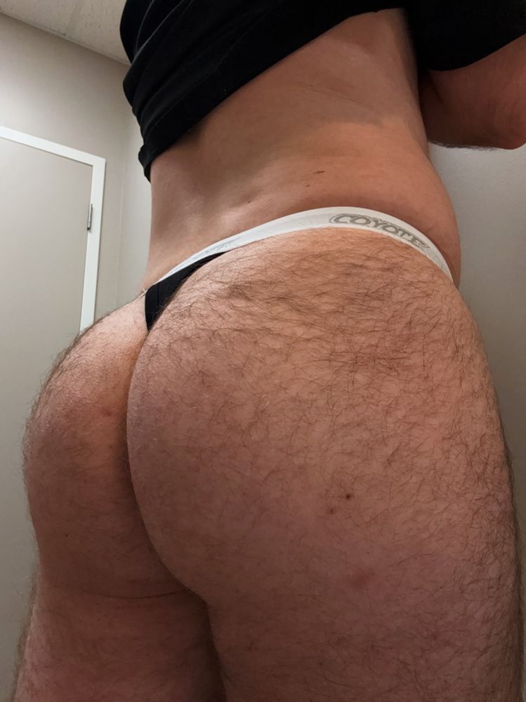 A picture of my hairy ass from behind. I’m wearing a black thong with a white band. It says Coyote on the waistband