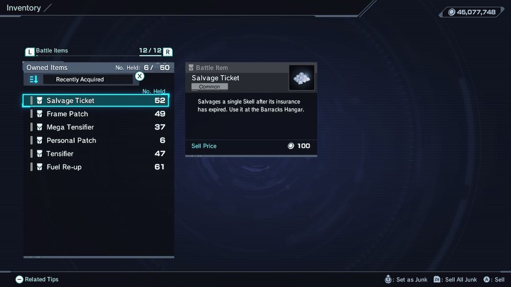 XCX DE menu. Salvage Ticket icon is notably a lump of grey boxes that in no way resemble a ticket.