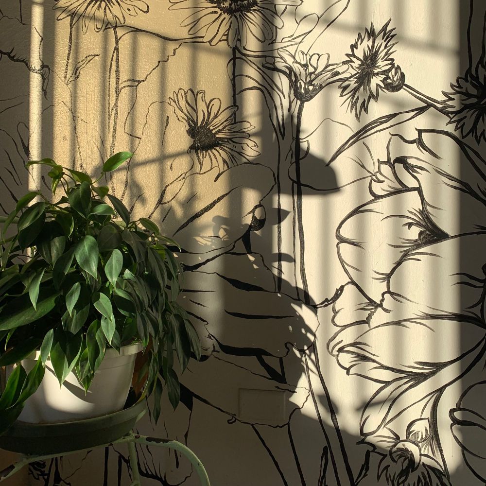 Image of shadows projecting onto a white wall with a mural of flower silhouettes, painted in black. There is a plant on top of a chair on the left.