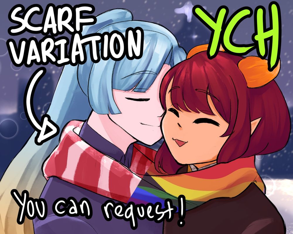 Example of the previous base being used, with a short red-hair feminine character and long blue-hair character. Text that says "YCH" and "Scarf variation. You can request!"