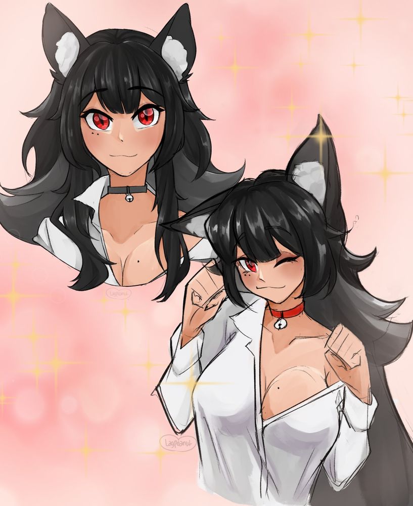 Drawing of a black haired cat girl