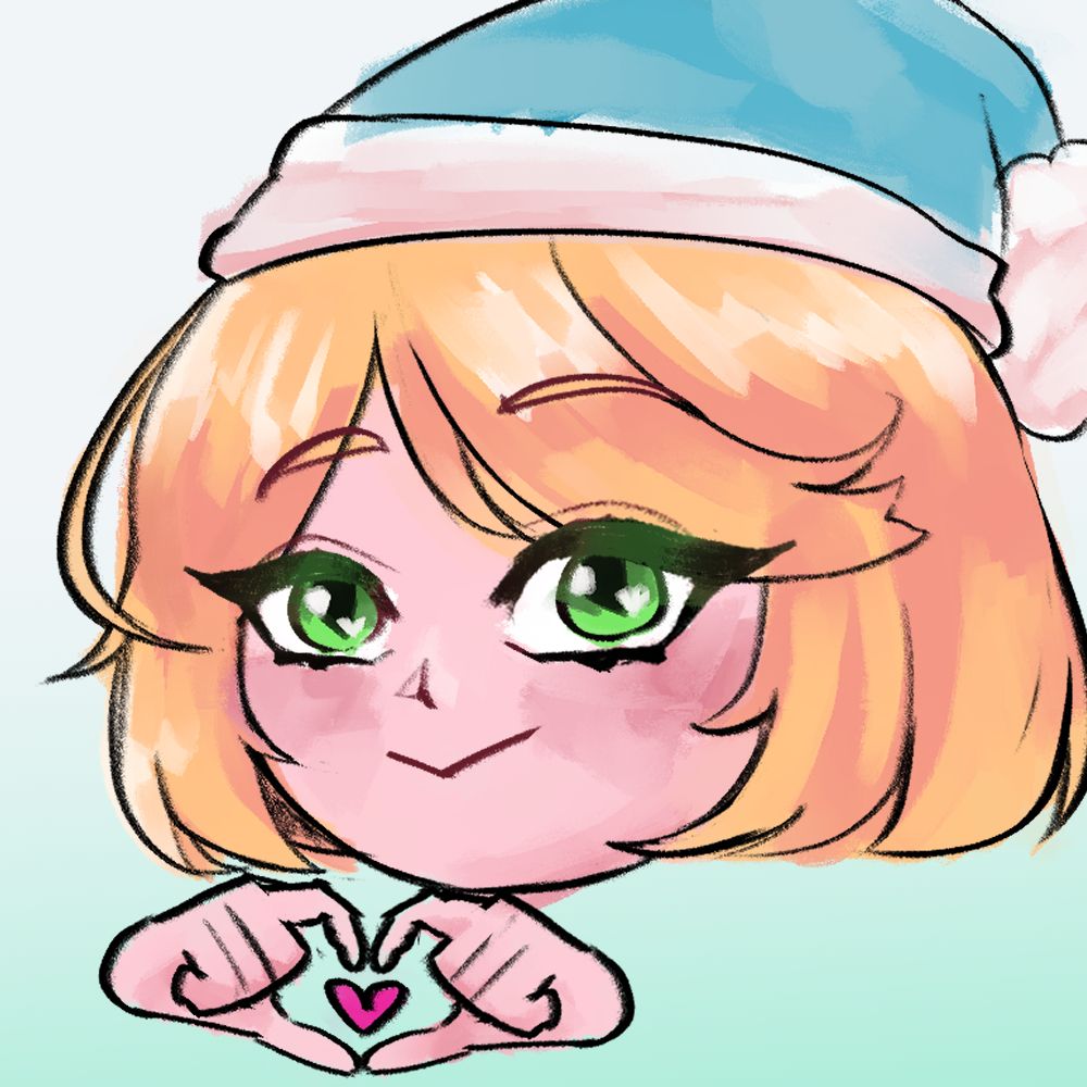 a redraw of kara's pfp, a blonde girl, green eyes and a blue christmas hat. her hand poses to give a heart sign