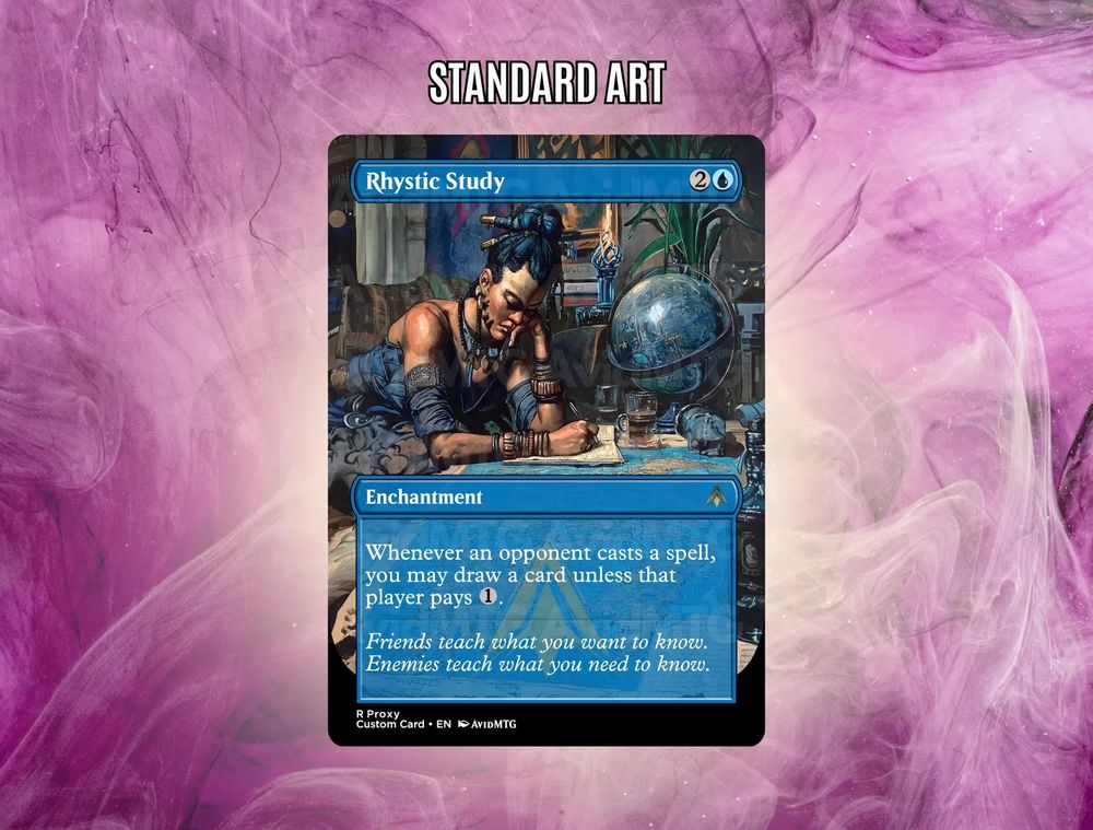 A Magic: the Gathering card proxy of Rhystic Study, by AvidMTG.