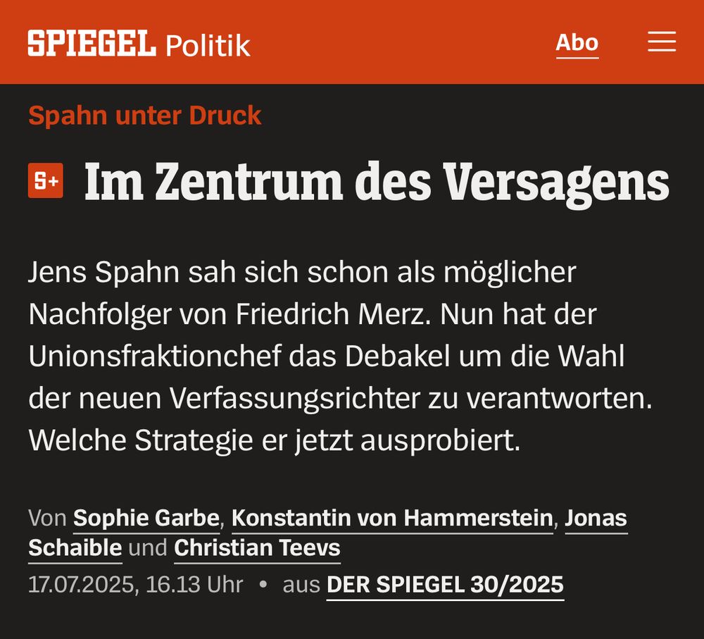 SPIEGEL: Spahn unter Druck
 
Im Zentrum des Versagens
Jens Spahn sah sich schon als möglicher Nachfolger von Friedrich Merz. Nun hat der Unionsfraktionchef das Debakel um die Wahl der neuen Verfassungsrichter zu verantworten. Welche Strategie er jetzt ausprobiert.