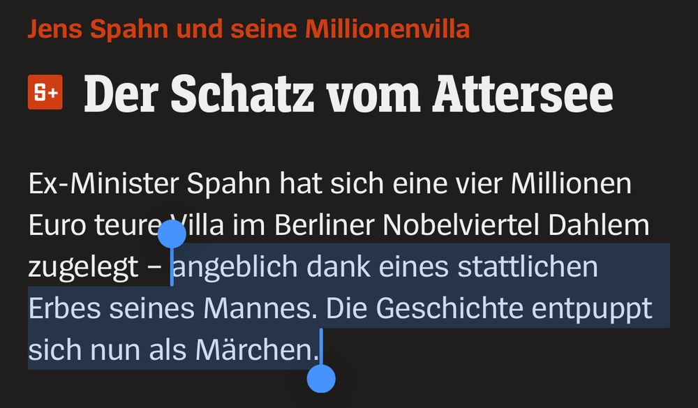 SPIEGEL: Jens Spahn und seine Millionenvilla
 
Der Schatz vom Attersee
Ex-Minister Spahn hat sich eine vier Millionen Euro teure Villa im Berliner Nobelviertel Dahlem zugelegt – angeblich dank eines stattlichen Erbes seines Mannes. Die Geschichte entpuppt sich nun als Märchen.