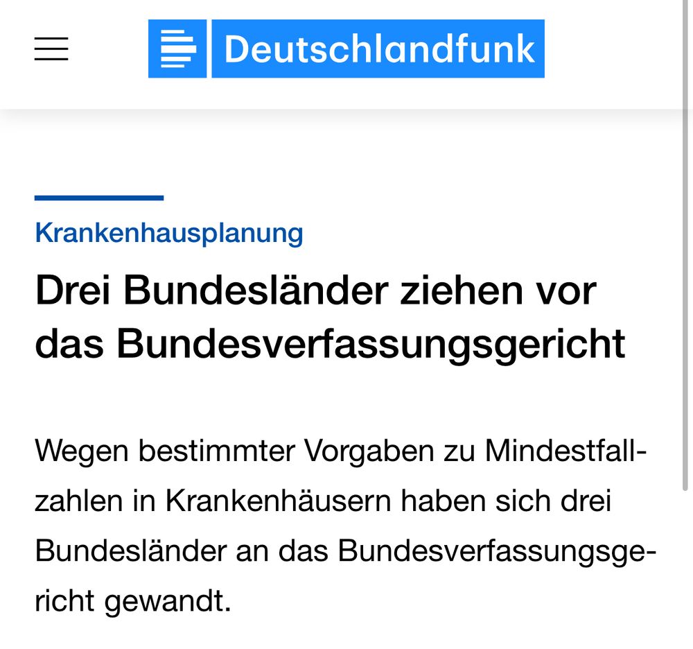 DEUTSCHLANDFUNK: Krankenhausplanung
Drei Bundesländer ziehen vor das Bundesverfassungsgericht

Wegen bestimmter Vorgaben zu Mindestfallzahlen in Krankenhäusern haben sich drei Bundesländer an das Bundesverfassungsgericht gewandt.
