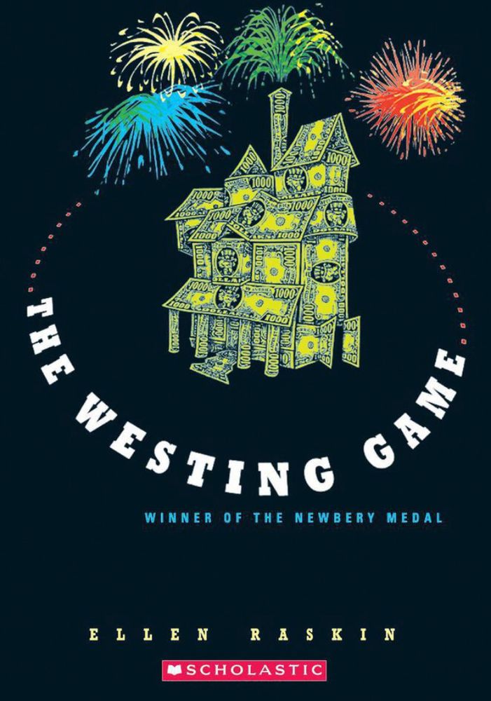 Cover image of The Westing Game by Ellen Raskin. It features a mansion made of money with multicolored fireworks found off behind it on a black background.