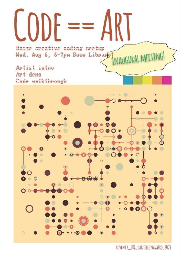 Poster saying:
Code==Art.
Boise creative coding meetup, Wed. Aug 6, 6-7pm, Bown Library!.
Artist intro, art demo, code walkthrough.
Inaugural meeting!
