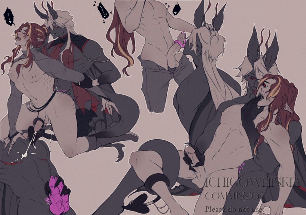 Keiran and Ryza in 3 separate positions, being intimate with each other. 
Left: Keiran kneels behind ryza, thrusting into him he moans out, the moth smirking behind him, holding one of his arms back. 
Center: Keiran uses his long, violet tongue to wrap around Ryza as liquid trickles down, the captains hand in white hair.
Right: Keiran holds Ryza in his lap, his tail wrapping around one of Ryzas legs to pull them apart. Blackened, clawed fingers slipping into his mouth, Ryza is being teased by the moths hand.
Bottom Left: Keiran showing off his dual knotted, violet dicks.