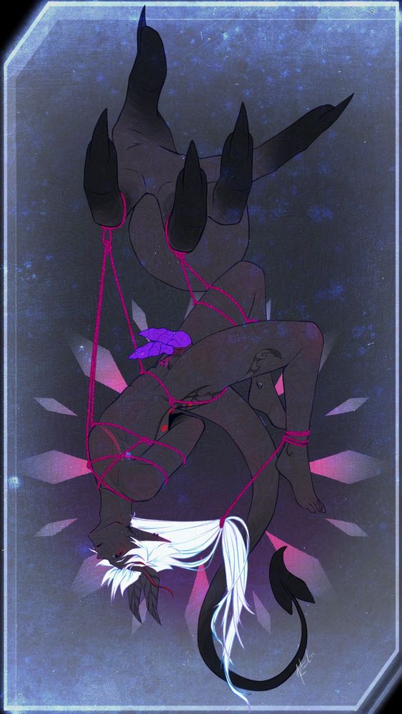 Keiran in demon form, suspended in magenta shibari ropes from a dark clawed hand above him. The ropes tied safely around his torso, hips and leg, a separate tie circles his ankle and attaches to his long white hair, creating an arched silhouette as his tail dangles down in a gentle curve behind him.