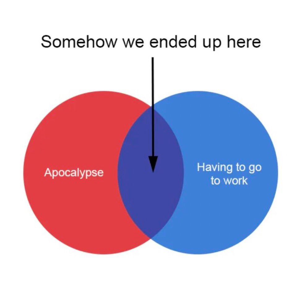Somehow we ended up between the apocalypse and having to go to work