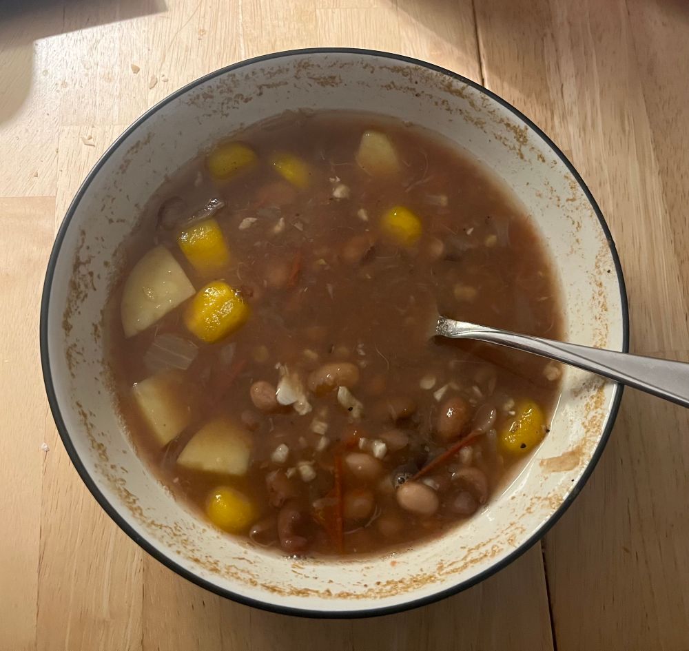 A bowl of brown soup containing small multi-colored beans, potatoes, carrots, and specks of garlic 