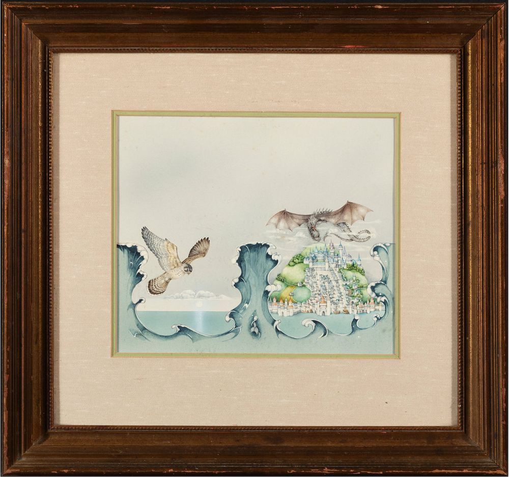 Framed watercolor, the original paperback cover art for The Farthest Shore by Ursula Le Guin. To the left, on what would be the back cover, a sparrowhawk flies over the ocean. To the right, a dragon hovers over an island city.