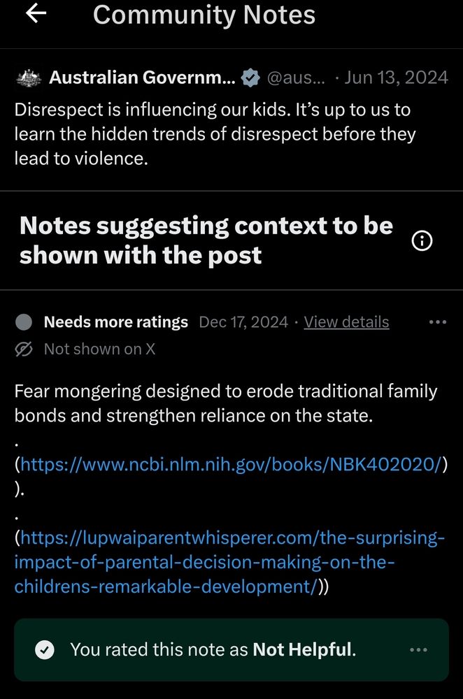Community note on government ad about preventing toxic masculinity. Note states the ad is fear mongering to erode traditional family values and make people rely on the state
