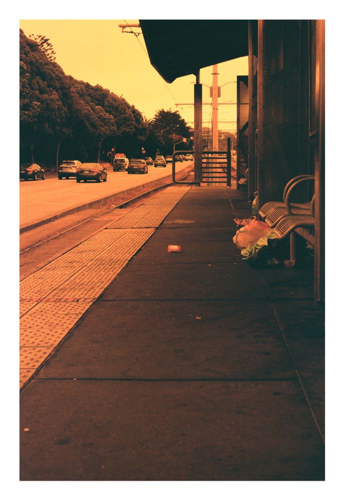A photograph of a San Francisco Muni Metro station. The platform is clear of passengers, but a pile of grocery bags and other items is at the base of a bench, and an empty prescription bottle lays on its side in the center of the platform. In the background traffic is traveling away from the camera on a tree-lined highway with the metro tracks in a protected median. The photo is taken on redscale film, which results in color shifts towards warmer tones in the spectrum. The sky is yellow, and most details such as the road, light poles, cars, etc. all appear orange. Darker areas in shadow are a warm grey. Some green is preserved, such as the distantly visible green light and a few of the items in the foreground. 