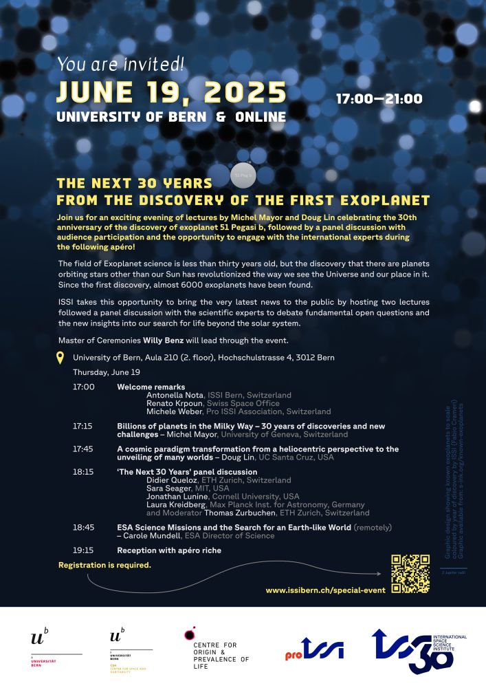 Invitation and program for the June 19 event on the next 30 years from the discovery of the first exoplanet. More information at: https://www.issibern.ch/special-event/ 