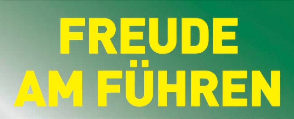Ich zeige einen Teil des Covers meines neuen Buchs. Den Titel "Freude am Führen". Gelbe Schrift auf grünem Fonds. 