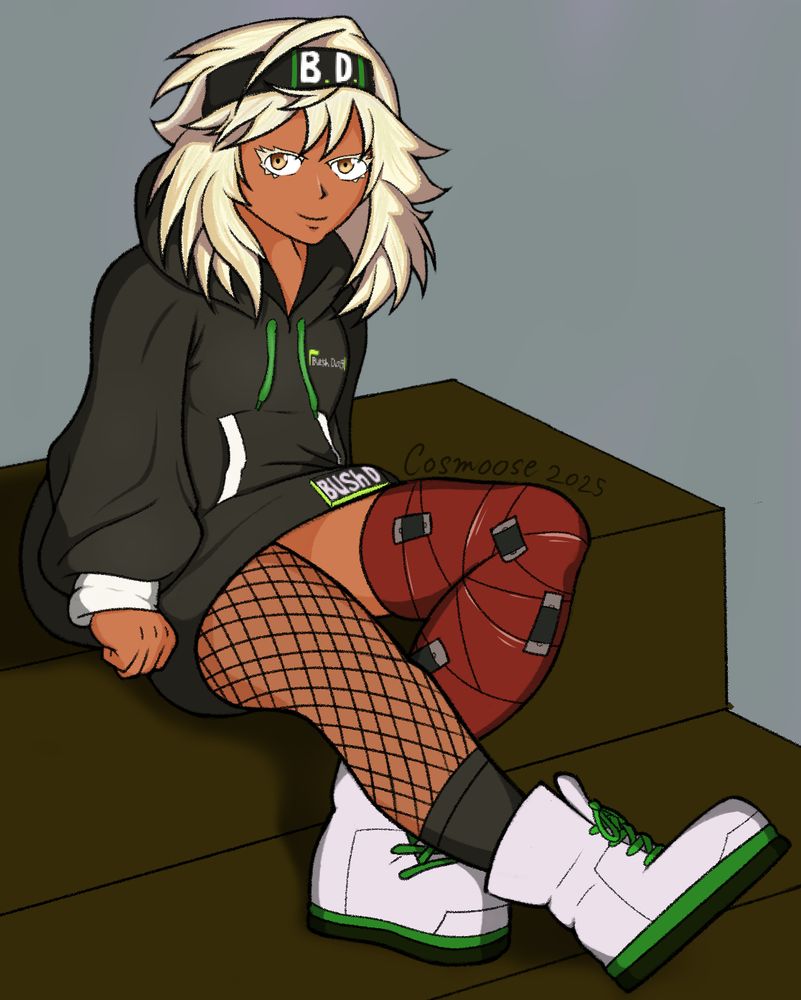 Ramlethal Valentine In her Bush Dog hoodie sitting on some steps