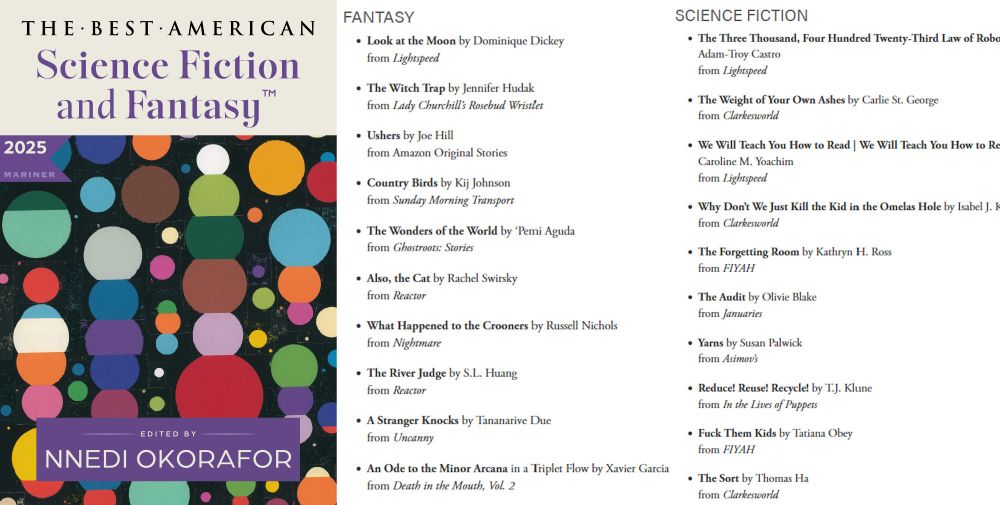 2025 Table of Contents

Best American Science Fiction and Fantasy 2025 contains the following stories.
FANTASY

    Look at the Moon by Dominique Dickey
    from Lightspeed
    The Witch Trap by Jennifer Hudak
    from Lady Churchill’s Rosebud Wristlet
    Ushers by Joe Hill
    from Amazon Original Stories
    Country Birds by Kij Johnson
    from Sunday Morning Transport
    The Wonders of the World by ‘Pemi Aguda
    from Ghostroots: Stories
    Also, the Cat by Rachel Swirsky
    from Reactor
    What Happened to the Crooners by Russell Nichols
    from Nightmare
    The River Judge by S.L. Huang
    from Reactor
    A Stranger Knocks by Tananarive Due
    from Uncanny
    An Ode to the Minor Arcana in a Triplet Flow by Xavier Garcia
    from Death in the Mouth, Vol. 2

SCIENCE FICTION

    The Three Thousand, Four Hundred Twenty-Third Law of Robotics by Adam-Troy Castro
    from Lightspeed
    The Weight of Your Own Ashes by Carlie St. George
    from Clarkesworld
    We Will Teach You How to Read | We Will Teach You How to Read by Caroline M. Yoachim
    from Lightspeed
    Why Don’t We Just Kill the Kid in the Omelas Hole by Isabel J. Kim
    from Clarkesworld
    The Forgetting Room by Kathryn H. Ross
    from FIYAH
    The Audit by Olivie Blake
    from Januaries
    Yarns by Susan Palwick
    from Asimov’s
    Reduce! Reuse! Recycle! by T.J. Klune
    from In the Lives of Puppets
    Fuck Them Kids by Tatiana Obey
    from FIYAH
    The Sort by Thomas Ha
    from Clarkesworld
