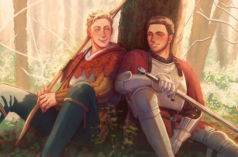 Illustration of Hans Capon and Henry from Kingdom Come: Deliverance, sitting next to each other on the forest floor leaning against a tree. Hans sits on the left, holding his bow and turning to Henry with an open-mouthed laugh. Henry is dressed in red and silver armor holding his sword, looking at Hans with an easy grin. The lighting is bright and warm.