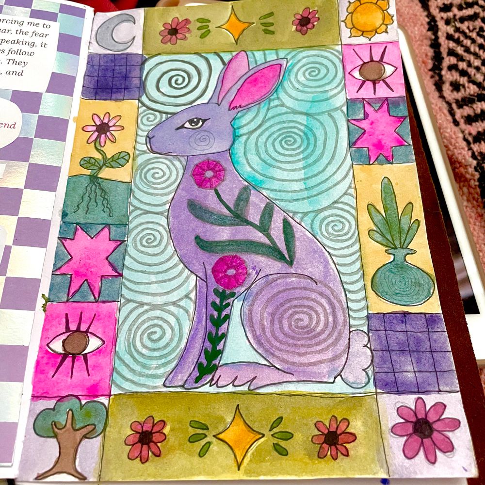 a quilt like watercolour painting of a rabbit. it is styled almost folk art like. there is a tree in the bottom left square, there is a flower in the bottom right square. in the middle there is a diamond with two flowers on each side. in the centre there is a bunny with painted flowers on it and a spiral on its hind leg. there are squares running up each side, with alternating patterns of eyes, stars, plants, and checkerboard. the top left square has a moon. the top right square has a sun. the middle is the same as before with diamond and flower patterns.