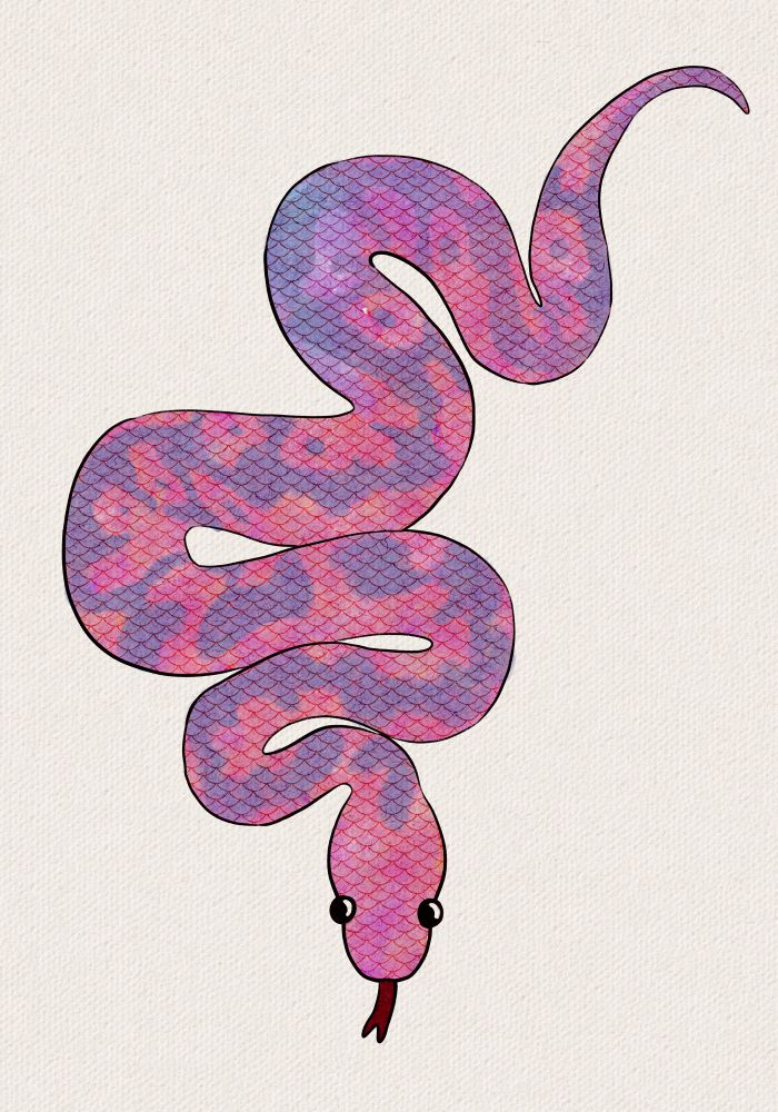 a painting of a snake sticking out its tongue. it is pink and purple