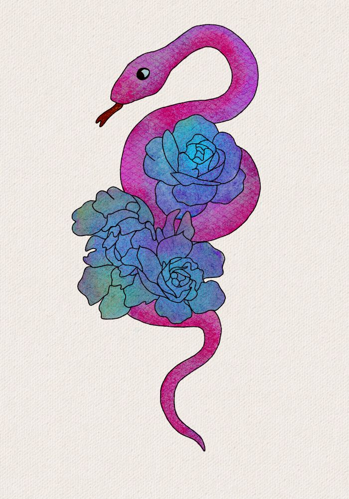 a vibrant watercolour painting of a pink snake wrapped around blue and teal flowers