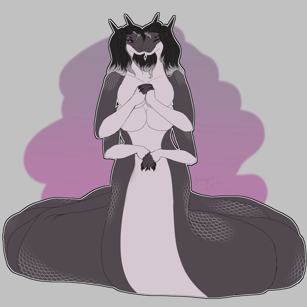 Black-and-white-scaled naga woman with an enormous tail, four arms and breasts, and two heads (with four eyes and long black hair on each). She is nuzzling herselves and holding hands with herselves.