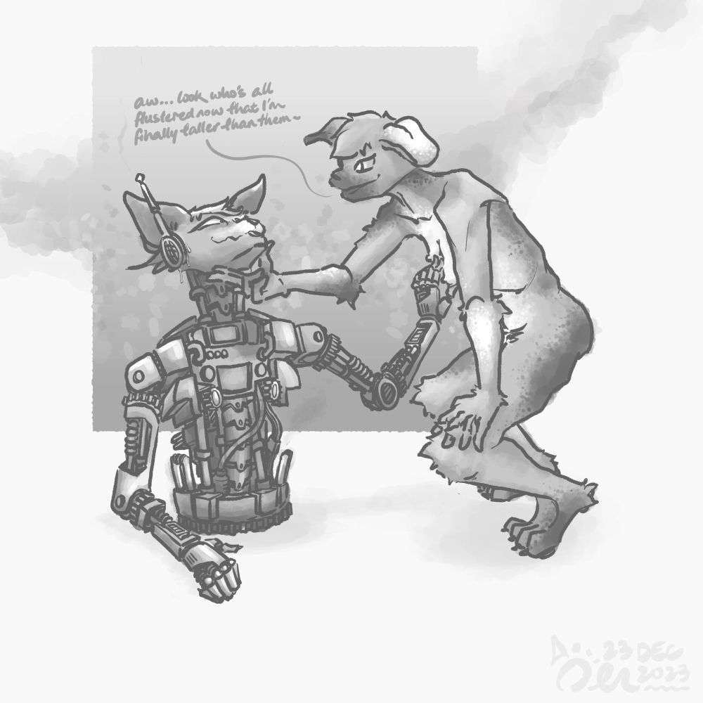 eisle (left) and ash (right) in front of a white background. ash is squatting and caressing the chin of eisle, whose hip and leg modules have been removed. they also tease eisle, saying "look who's all flustered that i'm finally taller than them". eisle is grinning like a fuckin idiot and blushing