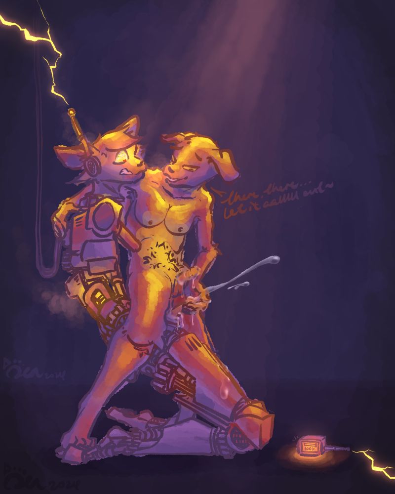 two OCs, eisle (furry feline robot) and ash (furry canine) under iridescent orange light. ash cradles eisle, whispering "there, there... let it all out~" to them as they jerk eisle off. eisle, lightly smoking and glitching, watches helplessly in a haze of euphoria