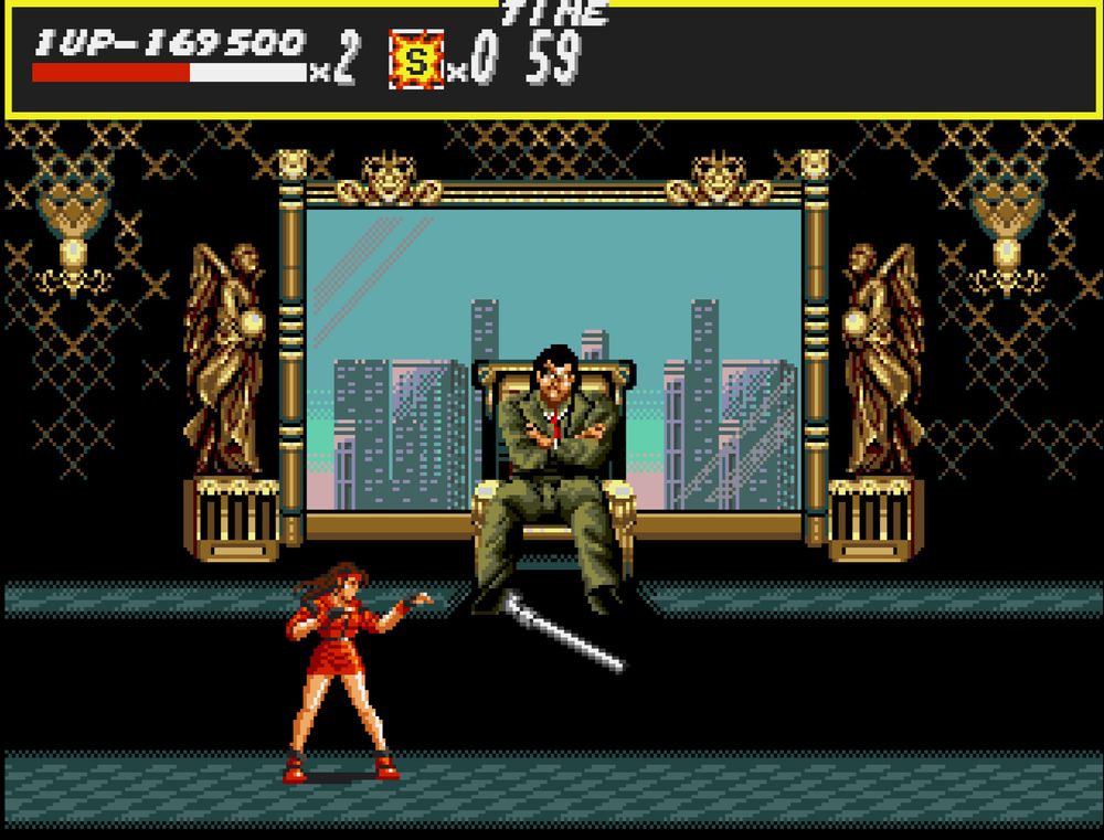 Blaze preparing to face off against Mr. X, the leader of the evil gang who is sitting upon a golden throne in front of a plate glass window looking out onto the city