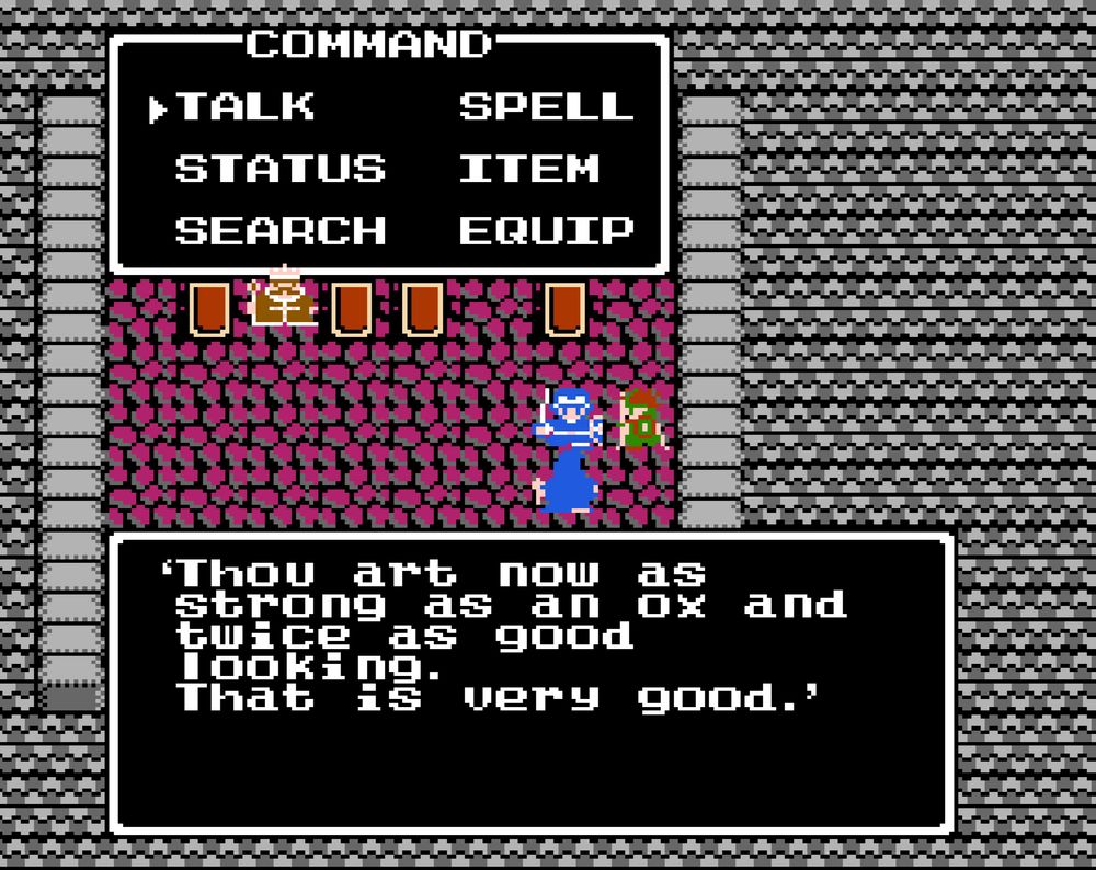 castle guard saying 'Thou art now as strong as an ox and twice as good looking. That is very good.'