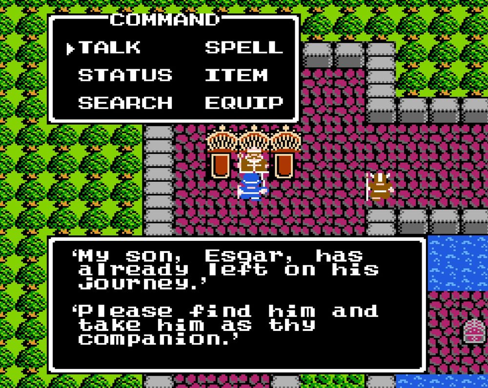 speaking to the king of Cannock castle, he says 'My son, Esgar, has already left on his journey.'

'Please find him and take him as thy companion.'