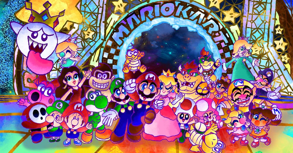 Mario Kart World Credits 🌈🌟💫Redraw I made the new Rainbow Road the background instead of the Mario Circuit one ;w; 
Mario, Luigi, Peach, Toadette, Toad, Bowser, Bowser Jr., Baby Mario, Baby Luigi, Baby Rosalina, Baby Peach, Baby Daisy, Wario, Waluigi, Yoshi, Birdo, King Boo, Donkey Kong, Pauline, Rosalina, Daisy , Koopa Troopa and Lakitu 
