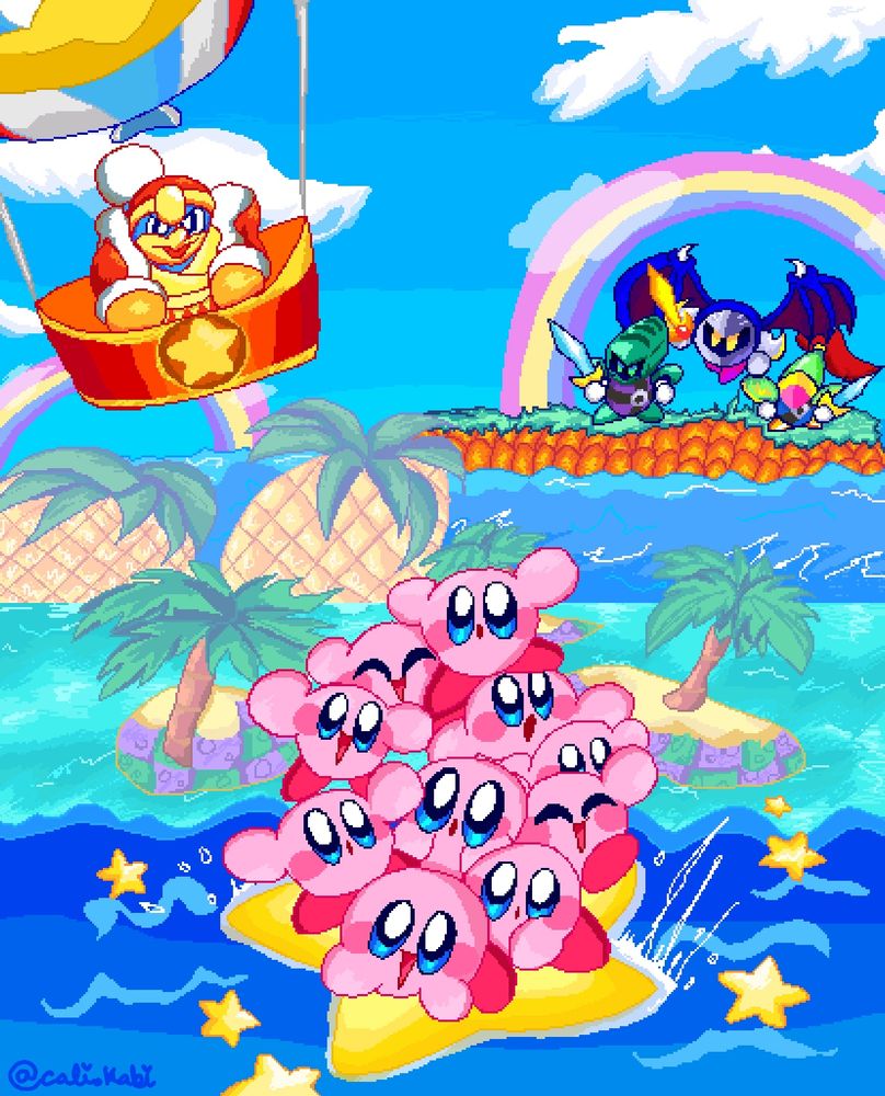 10 Kirbies, Dedede in an hot air balloon and Meta Knight, Sword and Blade in an island over there ^w^ 
This location is Dedede Resort my favorite levels ^w^💫🌟