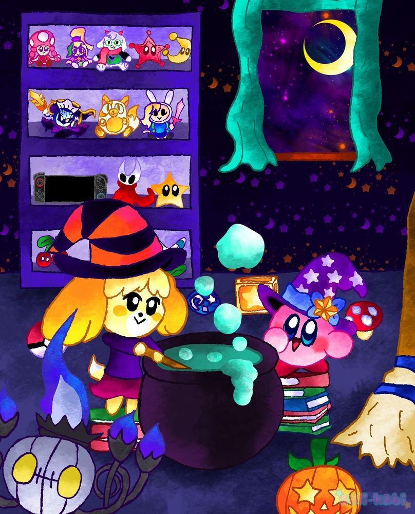 New Halloween Art 2025
Isabelle stirring making a potion and Kirby, both are standing on top of a stack of books. Chadelure is here facing the viewer. In the shelf is a reference to stuff things I like. 
Toadette, Tiff from Kirby Right Back at Ya, Ralsei from Deltarune, Meta Knight New Amiibo, Fionna and Cake, Hornet from Hollow Knight, a switch 2, and some power ups from super Mario :D 