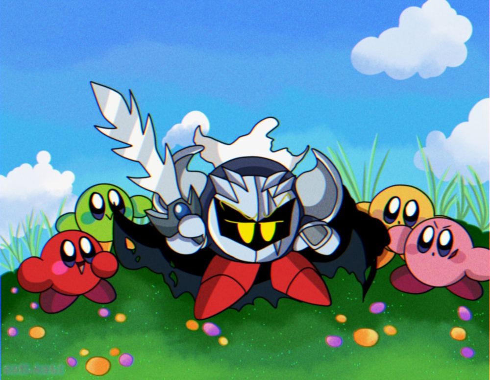 Angy Dark Meta Knight with four kirbies, Pink, Red, Yellow and Green in the Kirby Anime art style🌟💫