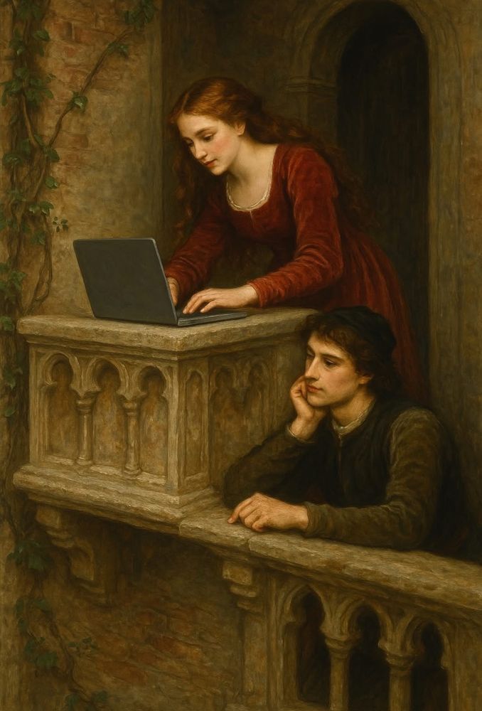 Romeo and Juliet (Ai generated, Juliet is in front of her laptop)