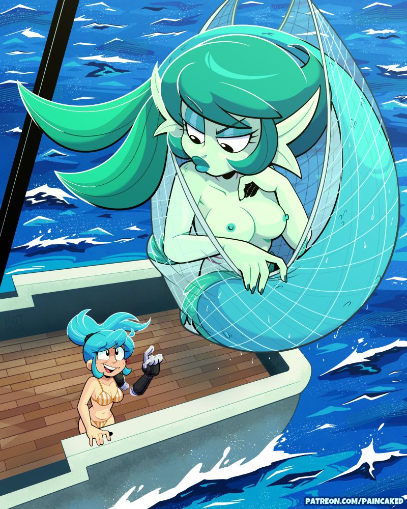 Kit sheepishly looks up from her fishing trawler at a mermaid who was caught, who is less than enthused about the situation. Public release of my Patreon Pin-up poll from May