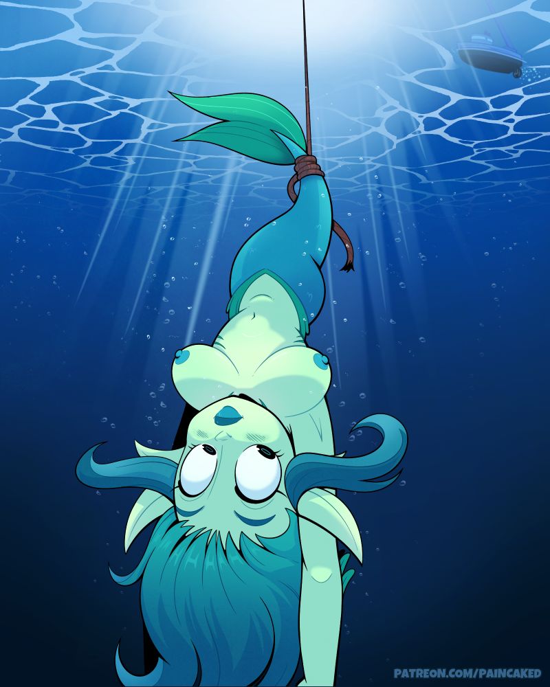 My mermaid oc, Cecilia, accidentally caught (again) upside-down by a fishing vessel. Her fish titties (fitties) are hanging out for your benefit