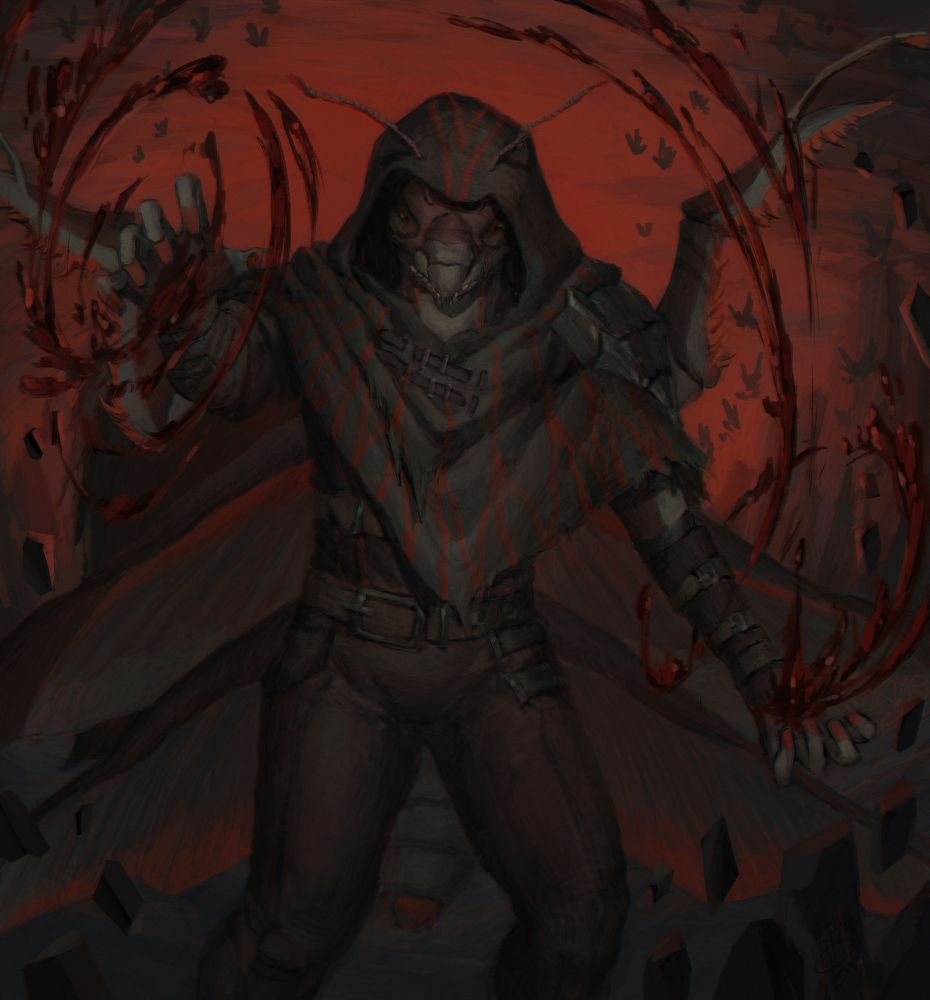 A dark-toned painting featuring a four-armed anthropomorphic Praying Mantis gazing at the viewer with his arms raised up high; blood is spewing out of his hands, flying around in circles as if controlled by magic.