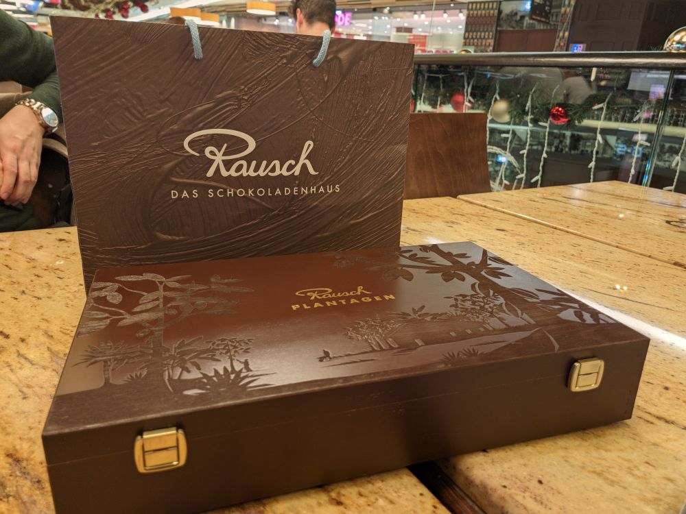 A dark wooden box from Rausch, a German chocolate store. 