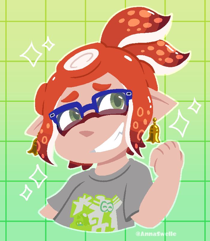 A lineless halfbody of @crowngamer's inktoling sona, shyly looking up at the viewer