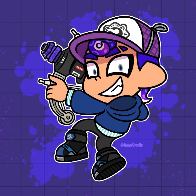 A tableturf style drawing of @meramera’s OC floating in the air with their back to the viewer. They’re holding up a Reef-LUX drawn, and are giving a smug grin. 