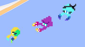 A screenshot of wplace of small pixel versions of Cerise, Astra, and Saph in their swim forms 