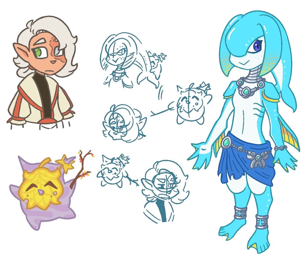 A sketch page with various doodles- some are more rendered than others. 

Top left: a colored waist-up drawing of Cerise as a Sheikah. The left portion of his face has a prominent burn scar, and his hair is parted to partially cover it. He has a natural expression. 

Bottom left: a colored drawing of Astra as a Korok. She has a leaf mask with a happy expression and various holes that resemble freckles. She has a small star shaped leaf on her left ear(?). She’s in the middle of dancing and is holding a stick with berries on it. 

Right: A colored drawing of Saph as a Zora. The side fines on her head have a stripped pattern like a gourami fish. She’s wearing various silver jewelry, and has a cloth wrap around her waist. 

Middle: various sketches going from top down. 
Astra hanging on the back of Saph’s head fish tail. 
Astra waving her arms and her stick. 
Cerise making a relaxed expression with pursed lips. 
Astra looking nervous. 
Cerise looking very upset while explaining something.