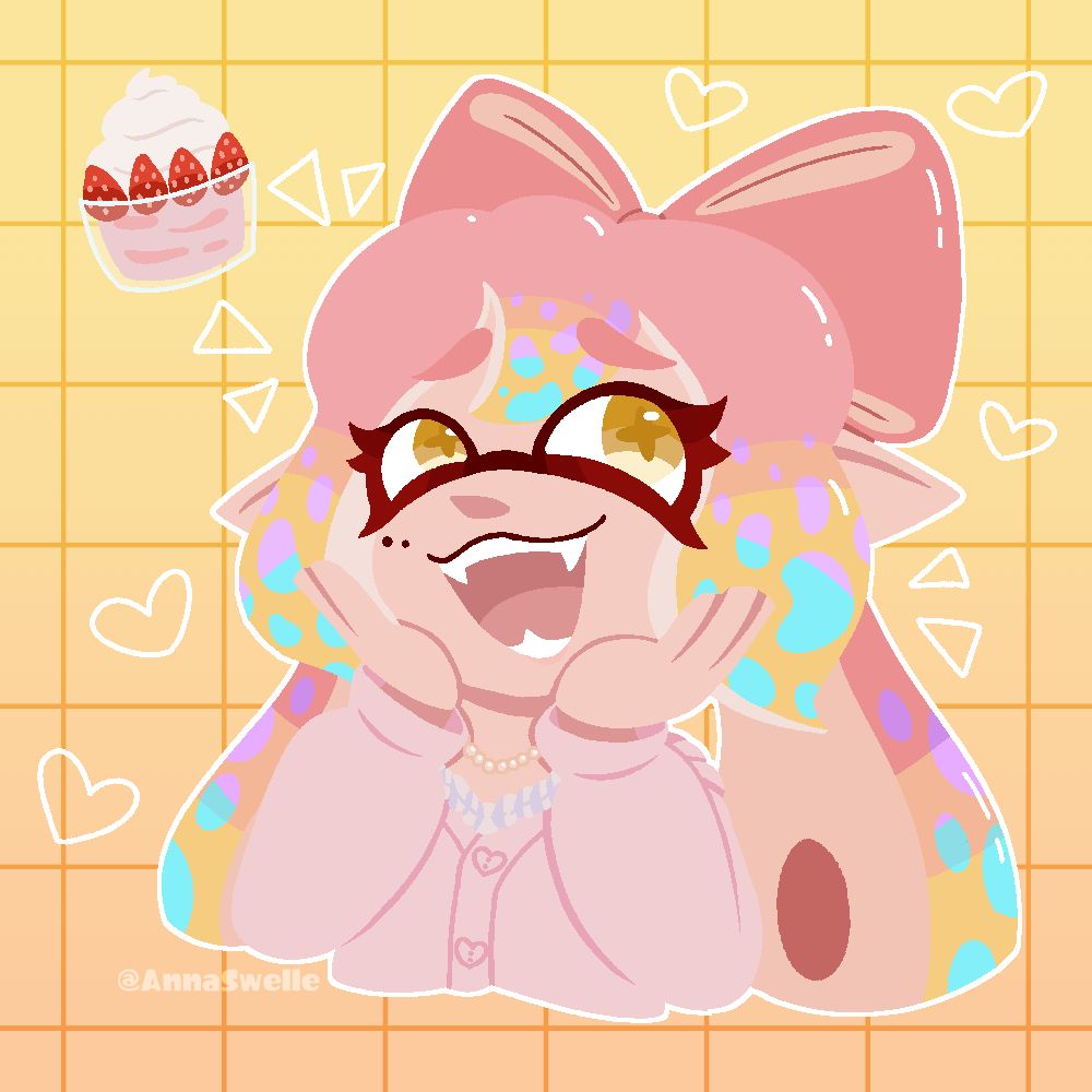 A lineless halfbody of @kaz0uul's OC happily holding their hands on their face. A Strawberry shortcake is in the background. 