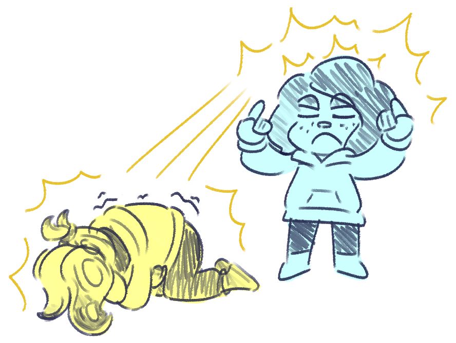 The “Project Period Cramps onto a Character” meme with a drawing of myself projecting my cramps into Cerise who is doubled over in pain
